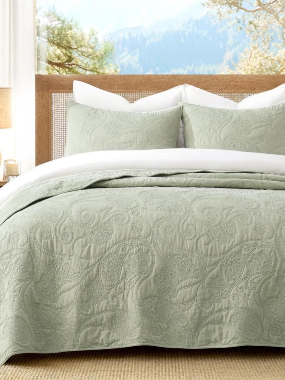 100% Cotton Quilt Set King Size, Paisley Design, Sage Green